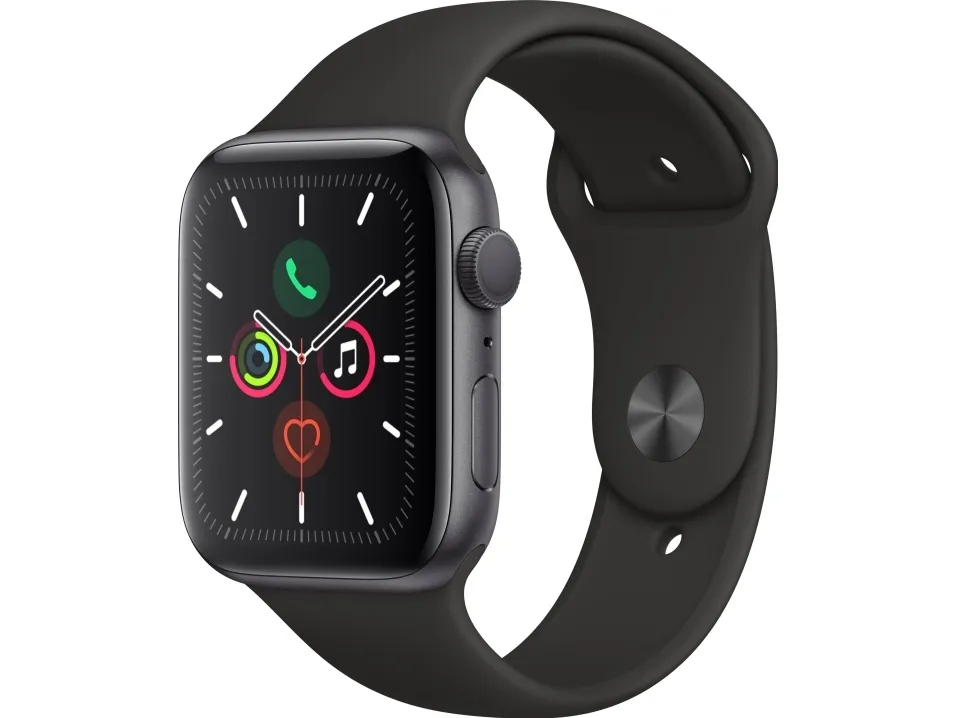 [OUTLET] - Apple Watch Series 5 (GPS) - 44 mm - rumgråt aluminium - smart ur med sportsbånd - fluoroelastomer - sort - båndstørrelse 140-210 mm - S/M/L - 32 GB - Wi-Fi, Bluetooth - 36.5 g