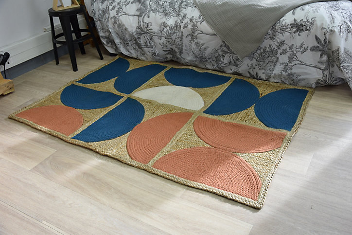Tapis rectangle Vintage jute et coton bleu et terracotta L.100 x l.150 cm