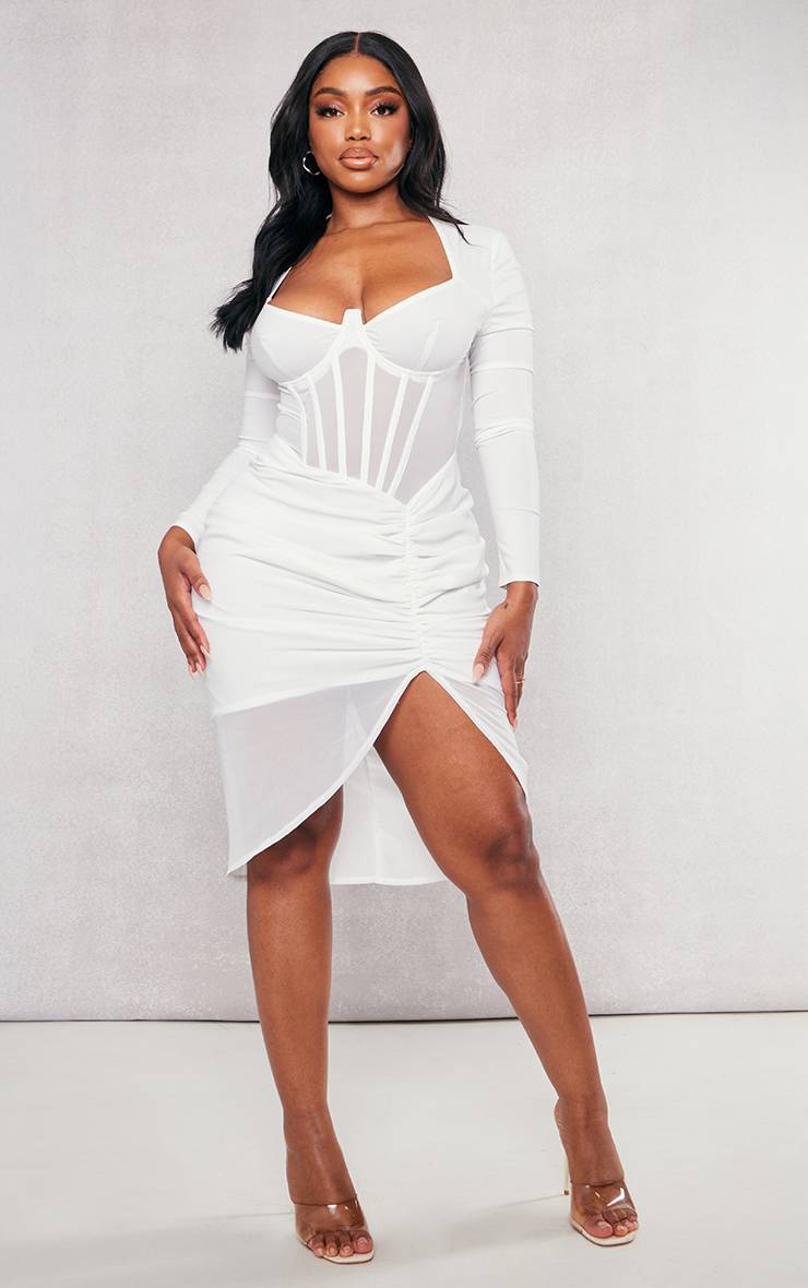 Crème Robe Midi Moulante En Velours À Détail Corset Et Manches Longues Avec Fronces Shape