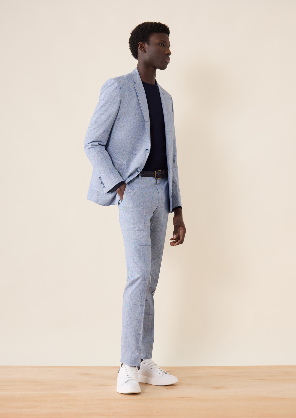 Pantalon coordonnable Slim en coton et lin bleu azur Prince de Galles