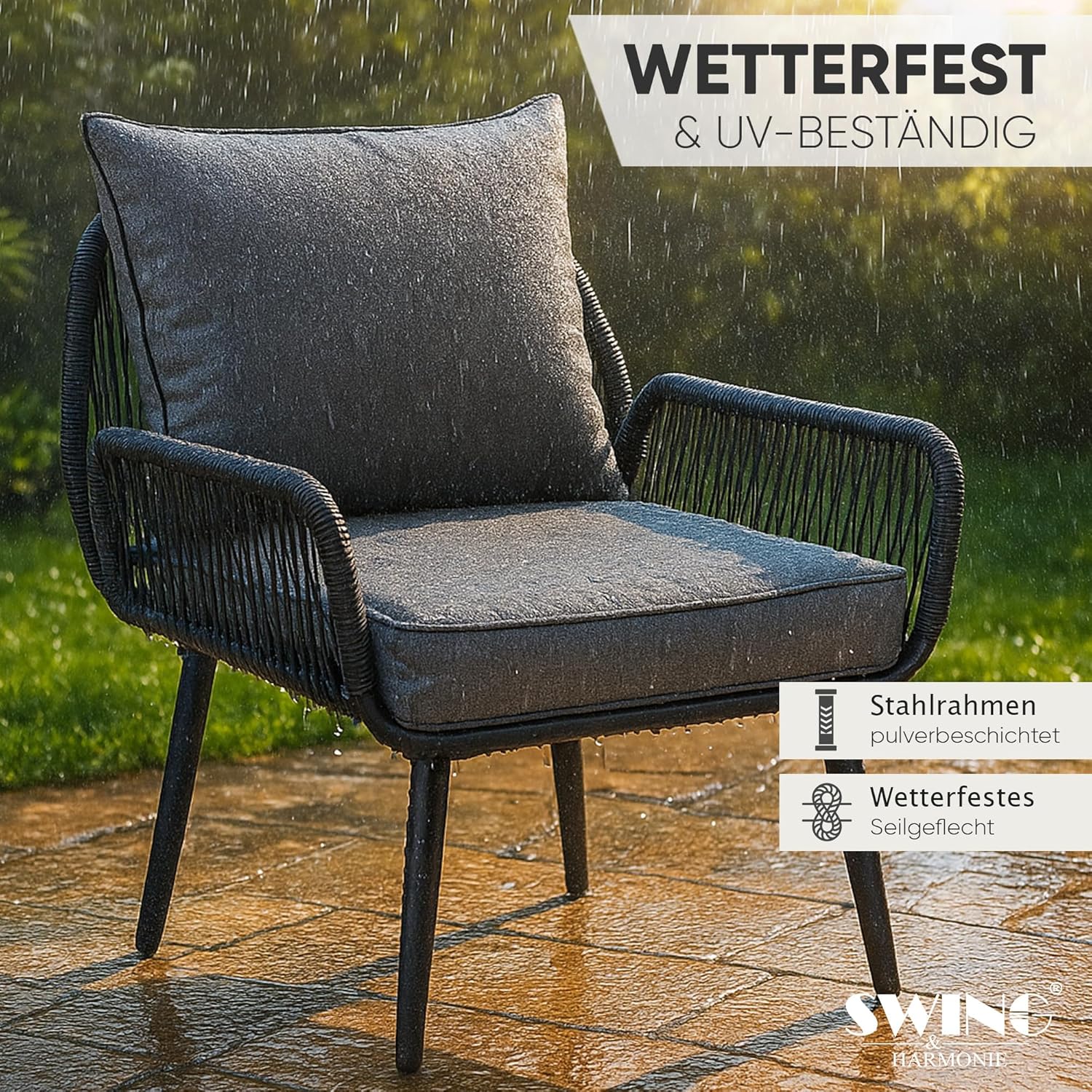 Swing&Harmonie® Gartenmöbel Lounge-Set „Sienna“ – Sitzgruppe mit Tisch, Sofa, Sesseln & Stühlen – wetterfest – Seilgeflecht – WPC-Tischplatte – Outdoor Essgruppe (anthrazit/Holz, 6 Personen)