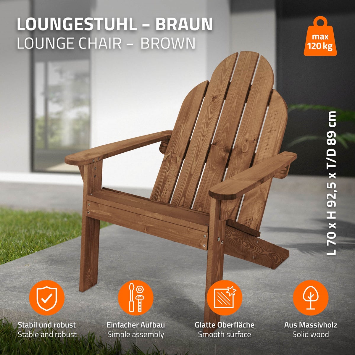 ECD Germany Adirondack stoel van massief dennenhout, 92,5x70x89 cm, bruin, tuinstoel met rugleuning en armleuningen, ergonomische houten stoel, weerbestendige tuinstoel, relaxstoel voor balkon, tuin, strand