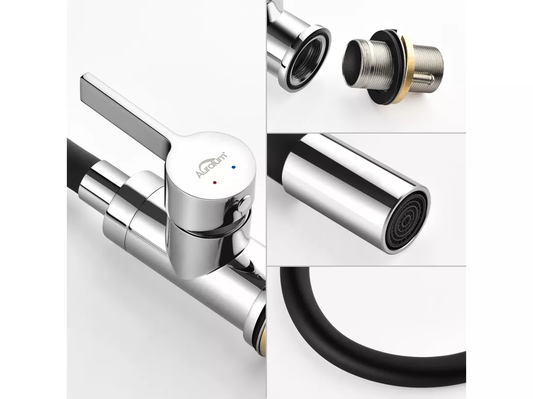 Robinet Cuisine Flexible Bec Haut Orientable Librement Mitigeur Évier Flexible Laiton Chromé et Noir Robinet Evier Monotrou Eau Chaude Froide