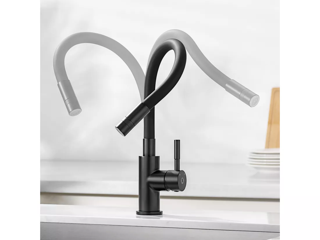 Evier de Cuisine en Quartz et Résine 40x45cm Evier Quartz 1 Bac Noir + Flexible Mitigeur de Cuisine, 2 Types de Jets Robinet Extractible Noir
