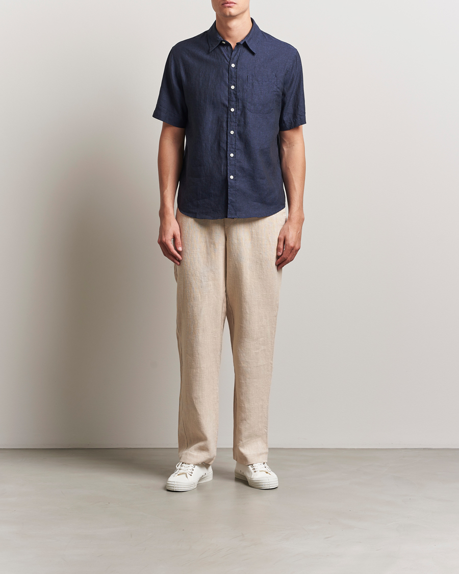 Colorful Standard Garment Dyed Linen Short Sleeve Shirt Navy Blue