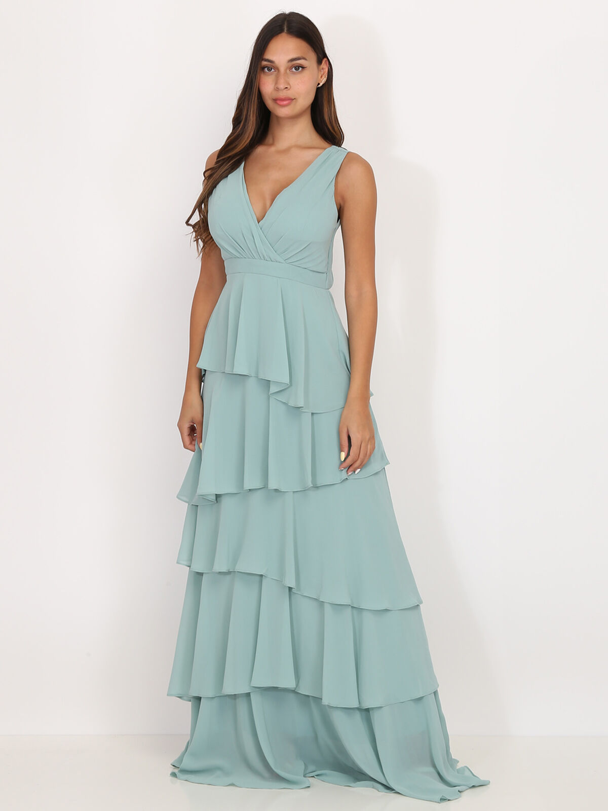 Robe longue à volants- Vert clair
