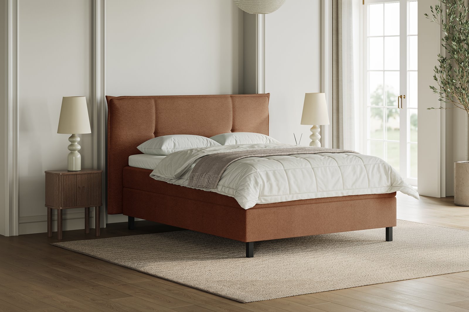 XOV Premium 15 Kontinentalseng 180x200 cm i tekstil storm 54 tan, fast/fast med Premium 15 overmadrass og sort firkantede ben, gavl selges separate