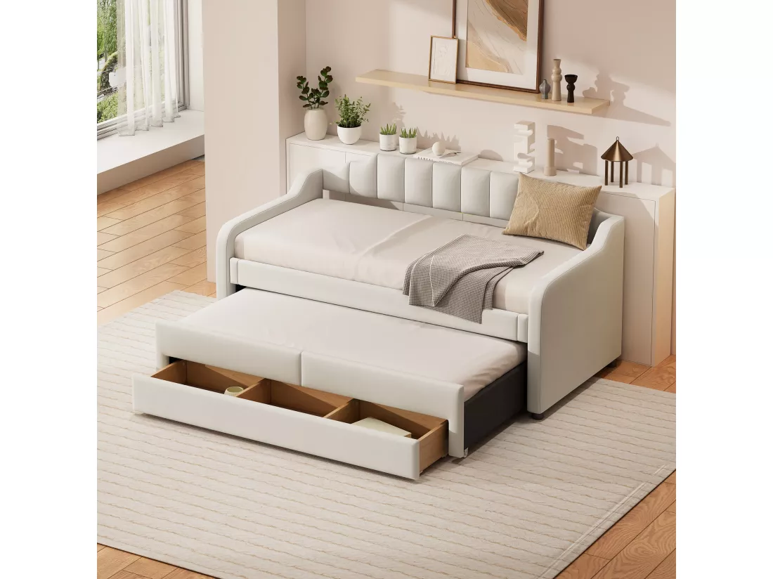 Lit gigogne 90 x 200 cm + 90 x 190 cm avec 3 tiroirs, lit de repos - tissu en cotton lin - coloris beige