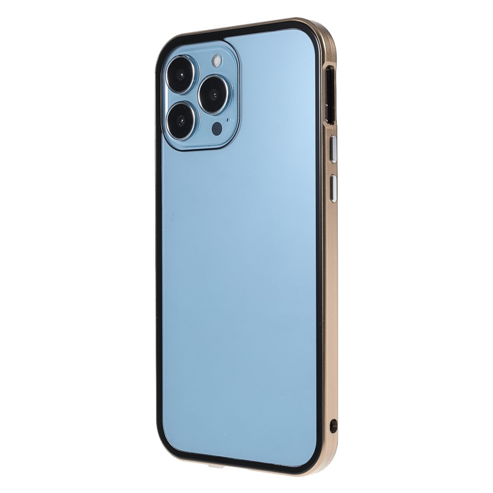 iPhone 13 Pro Magnetische Alu Schutzhülle mit Panzer Glas Backcover   Privacy Glas Displayschutz (Magnet-Technologie) - Gold