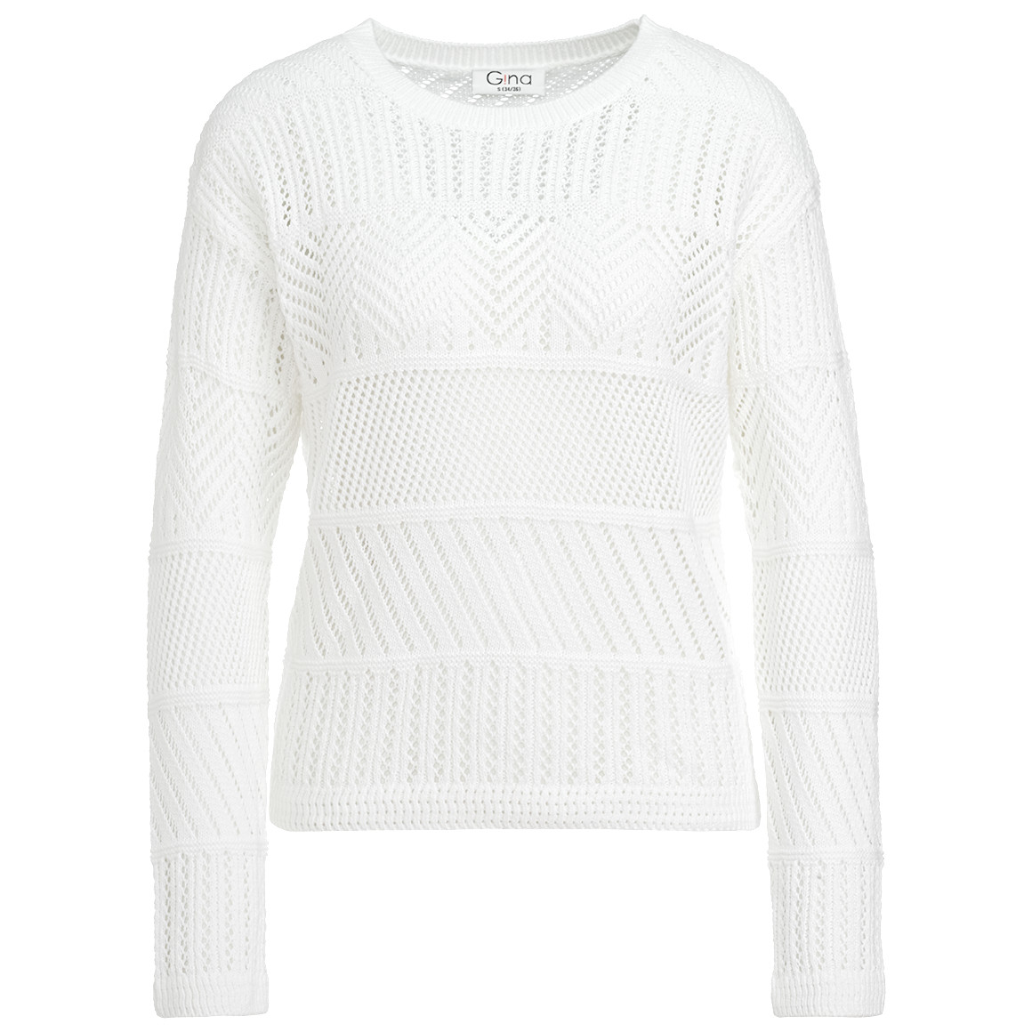 Gina Damen Strickpullover mit Häkel-Muster weiss