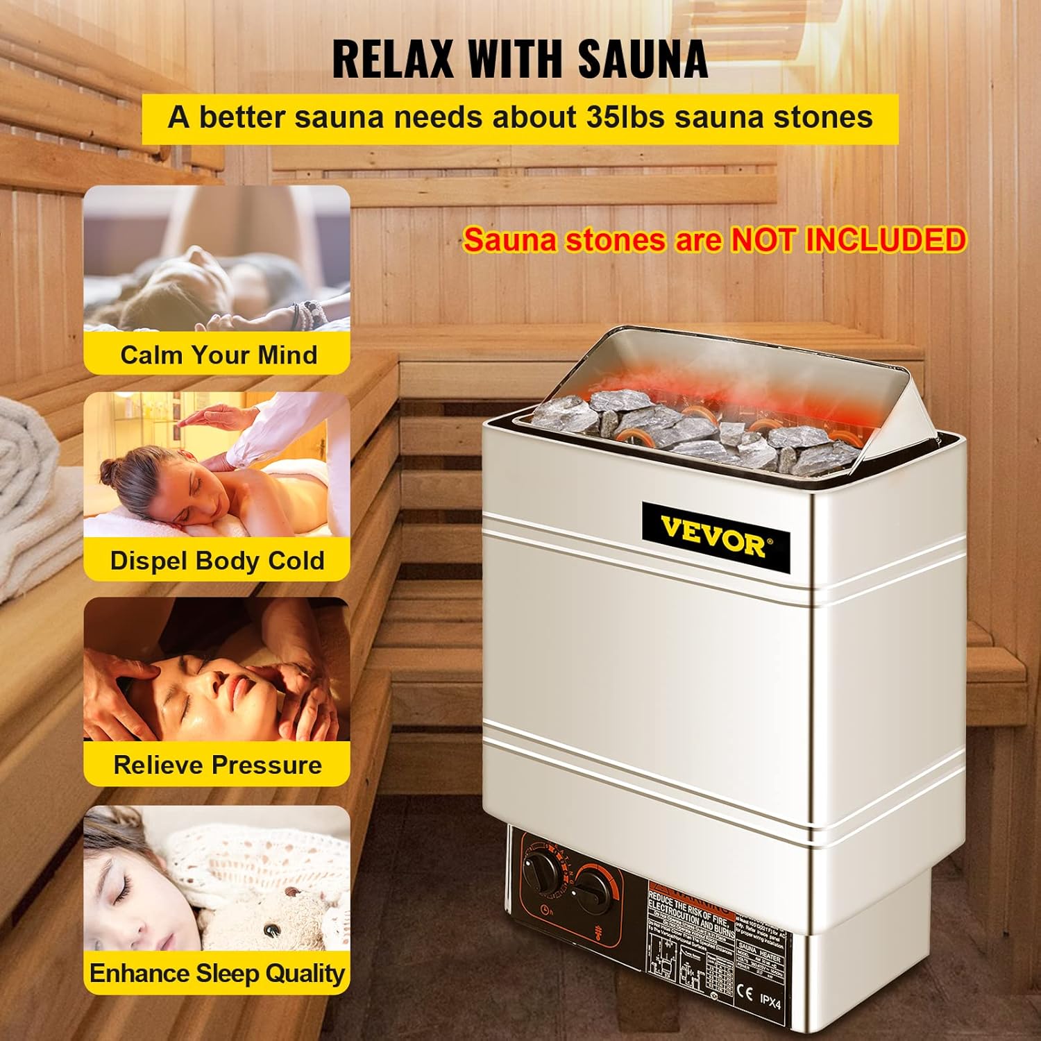 FlowerW Saunaofen 9 KW, Sauna Elektroherd 380 V - 415 V, Elektrischer Saunaofen 2 Modi (Temperatur, Zeit), mit Externem Steuergerät und 3M-Temperatursensor