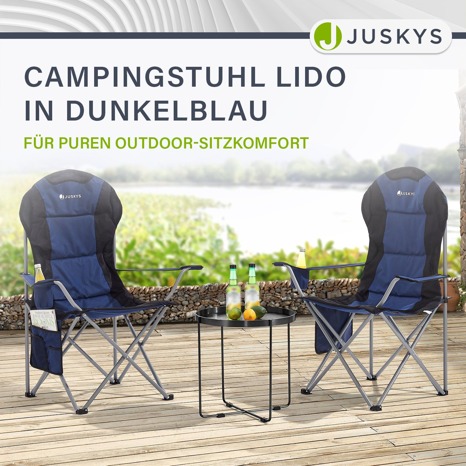 Juskys Campingstuhl Lido mit Getränkehalter & Tasche - Camping Klappstuhl gepolstert - Stuhl Blau