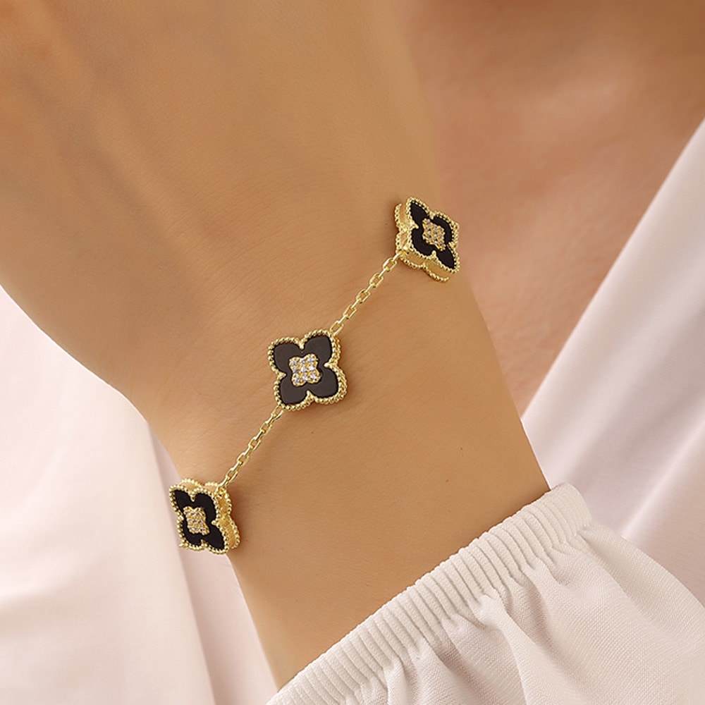 Bracelet trèfles doré - Argent 925, nacre noire & zircon