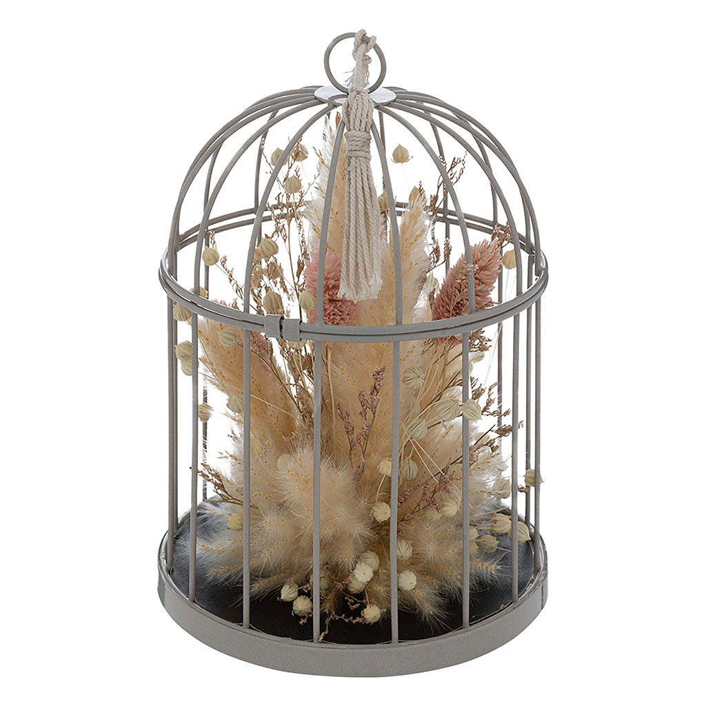 Cage métal et fleurs séchées H 20cm