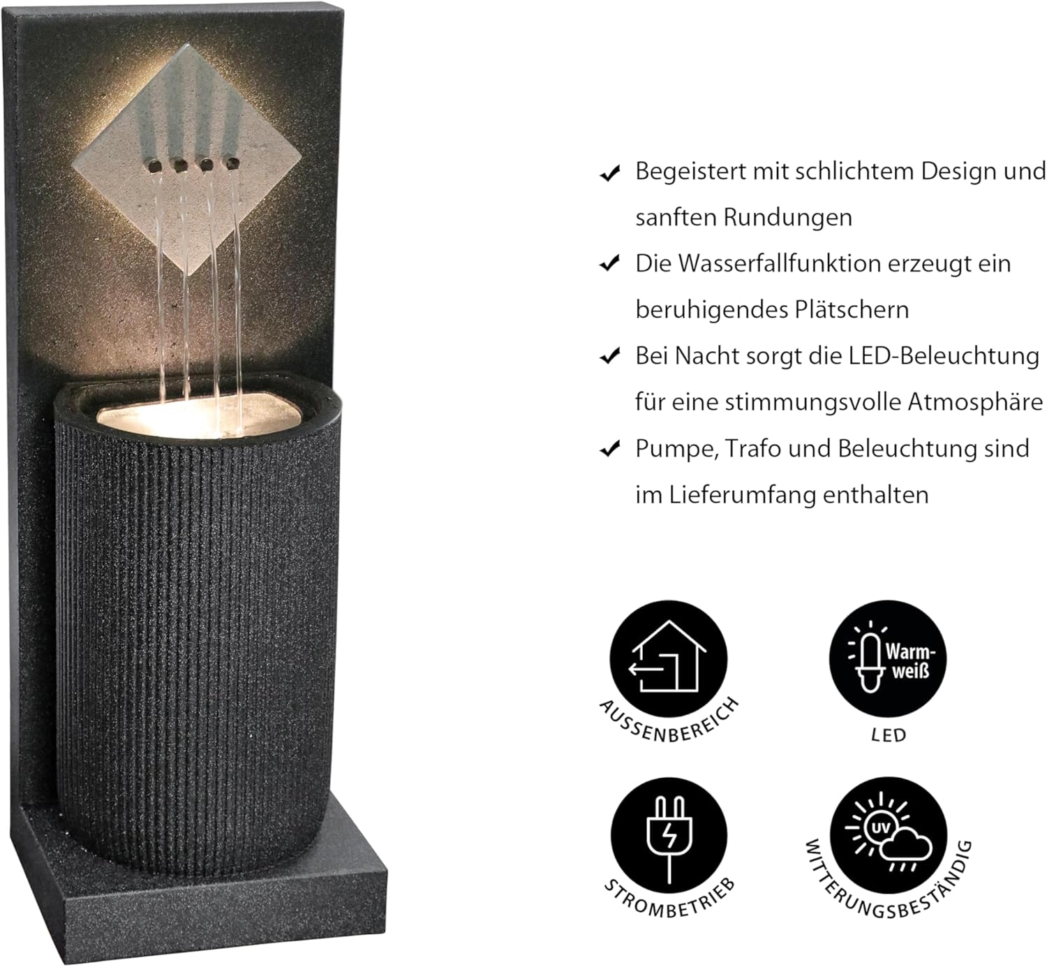 Dehner Gartenbrunnen Triton, Terassenbrunnen frostbeständig, Brunnen für Außen, mit LED Beleuchtung, ca. 96.5 x 36.5 x 33.5 cm, Polyethylen, schwarz