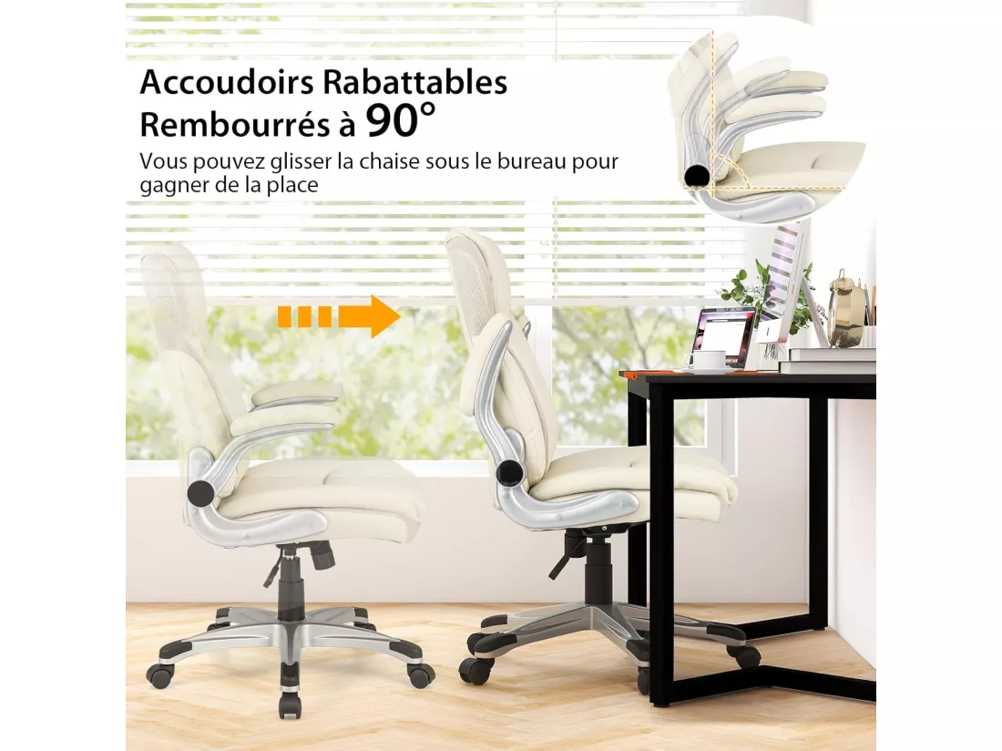 Fauteuil de Bureau Ergonomique, Chaise de Bureau en Cuir PU, à Bascule, Hauteur Réglable, Fauteuil de Gamer, Chaise de Travail Pivotant, Charge Maximale 160 kg, Blanc