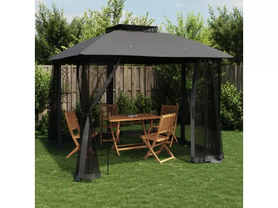 Tonnelle avec double toit et parois en filet anthracite acier