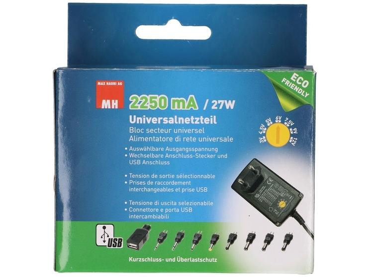Max Hauri Steckernetzteil Universal 27 W, 3 - 12 V, 2250 mA Universal-Steckernetzgerät mit 9 verschiedenen Anschlusssteckern