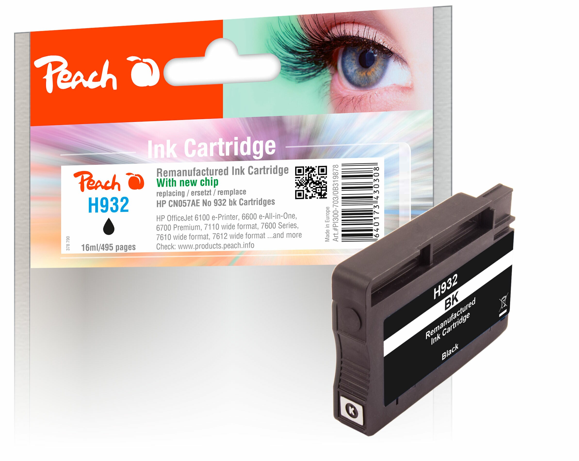 Peach HP 932 bk Druckerpatrone bk ersetzt HP No. 932 bk, CN057A für z.B. HP OfficeJet 6100 e-Printer, HP OfficeJet 6600 e-All-in-One, HP OfficeJet 7110 (wiederaufbereitet)