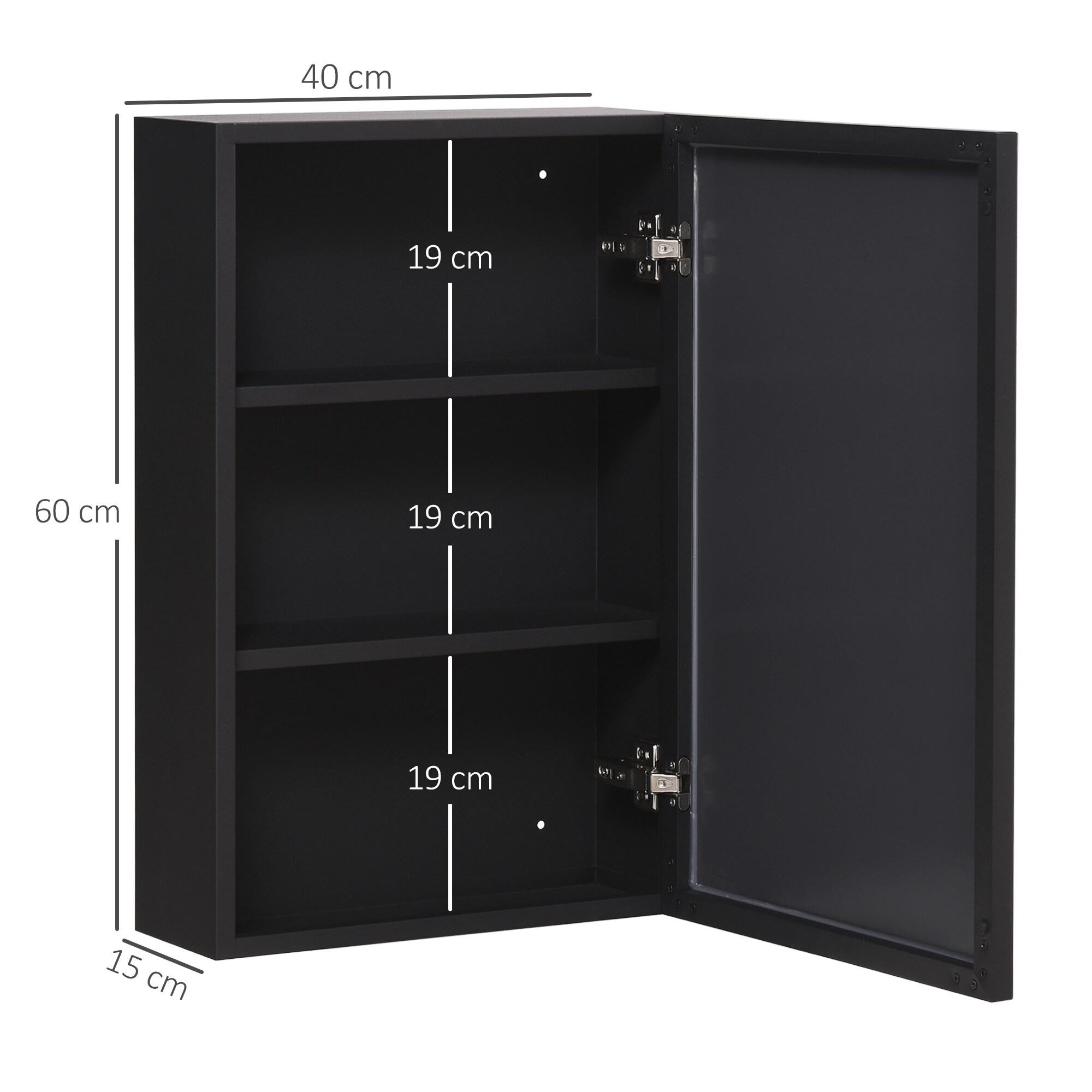 kleankin Spiegelschrank mit Spiegelglastür schwarz 40L x 15B x 60H cm