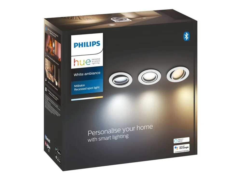 Philips Hue White ambiance Milliskin - Indbygningsspots - LED-spot lyspære - GU10 - 5.7 W - varmt til køligt hvidt lys - 2200-6500 K - hvid (pakke med 3)