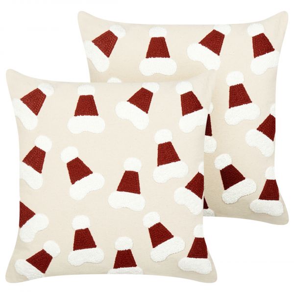 Beliani Conjunto de 2 Almofadas Decorativas em Tecido de Algodão Creme com Padrão Natalício 45 x 45 cm Acessório Decorativo Quadra Natalícia