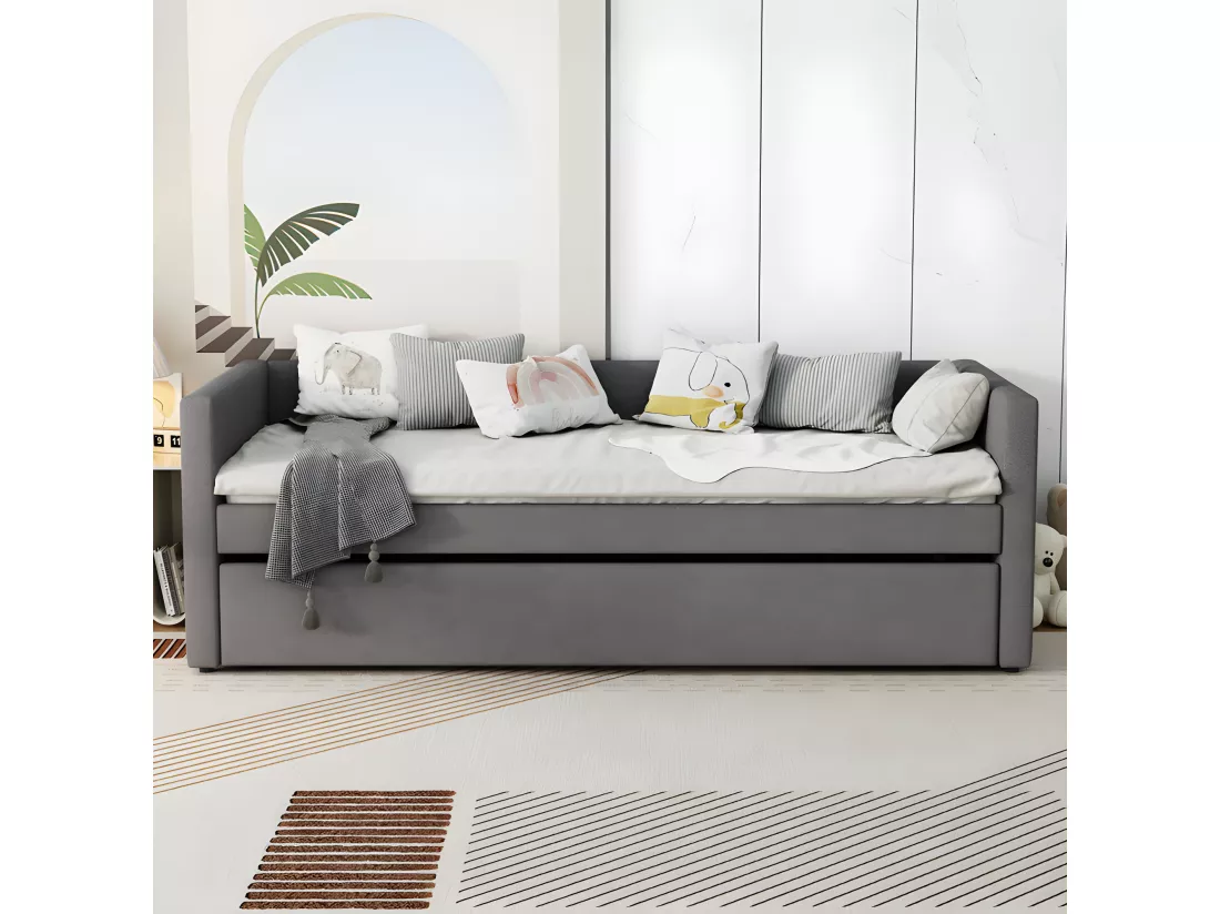 Lit gigogne multifonctionnel avec un lit pilant - 90x200 cm - tissu en lin - Gris