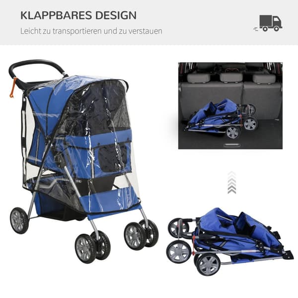 Hundevogn, Hundevogn Med Regntrekk, Sammenleggbar Hundevogn Opp Til 20 Kg, Med Koppholder, Nettingvindu, Kattevogn, Blå, 75 X 45 X 97 Cm
