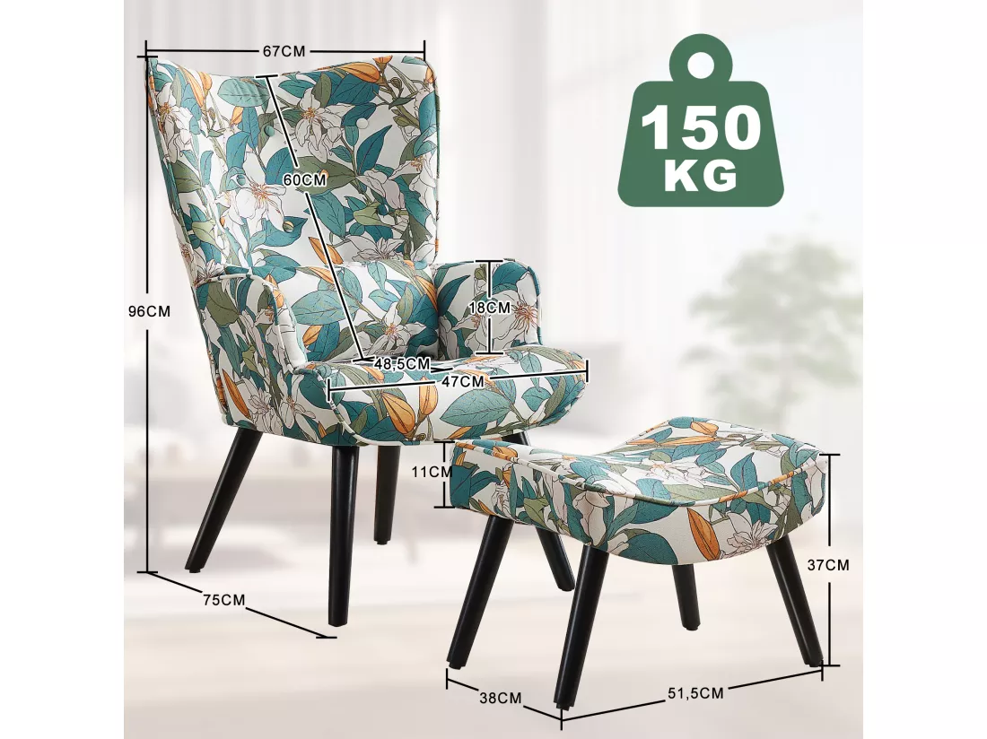 Fauteuil HomeMiYN avec Coussin et Tabouret - Chaise d'Angle Rustique pour le Salon