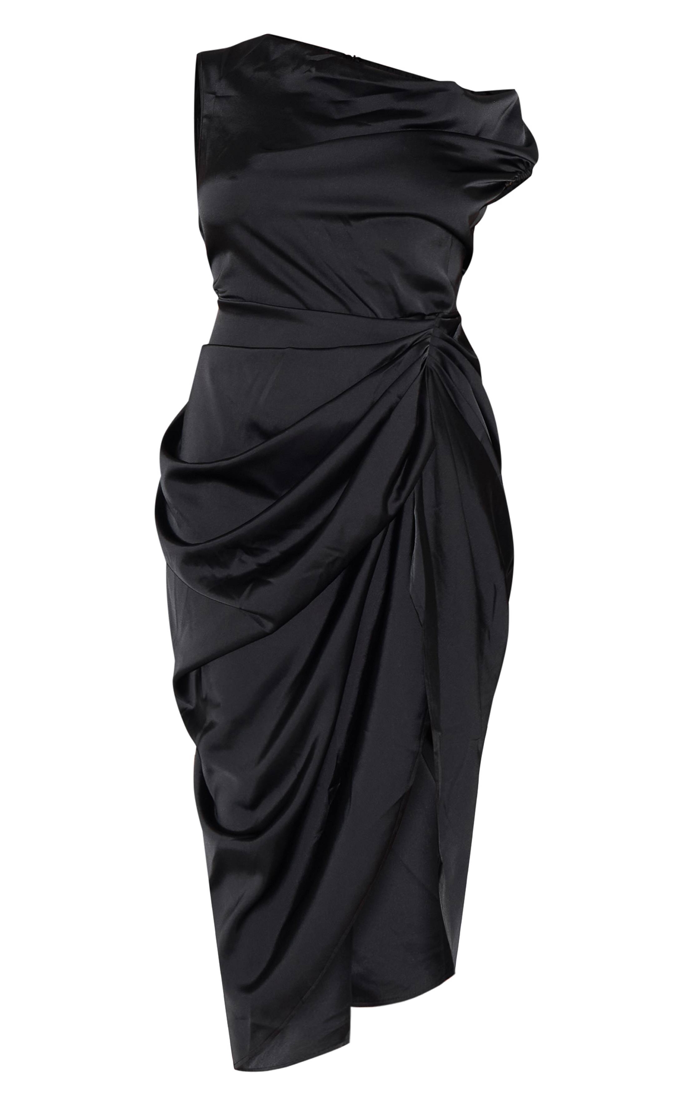Noir Robe Midi Grande Taille En Satin Avec Épaules Dénudées Et Jupe Drapée