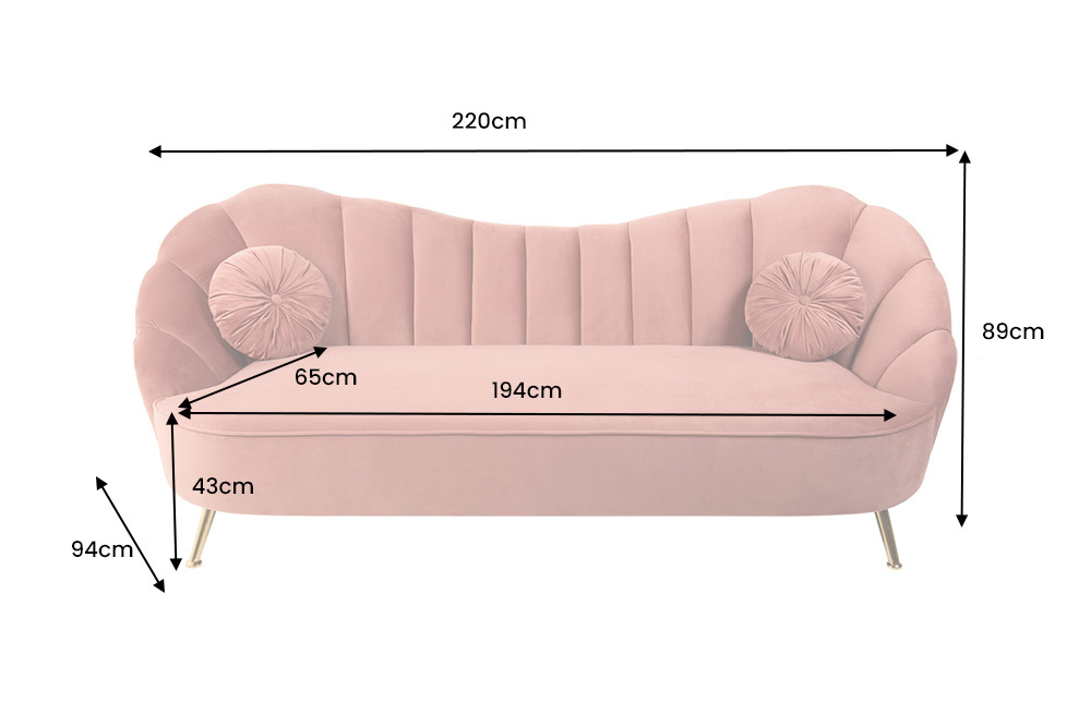 Retro 3-Sitzer Sofa ARIELLE 220cm altrosa Samt goldene Metallfüße Ziersteppung