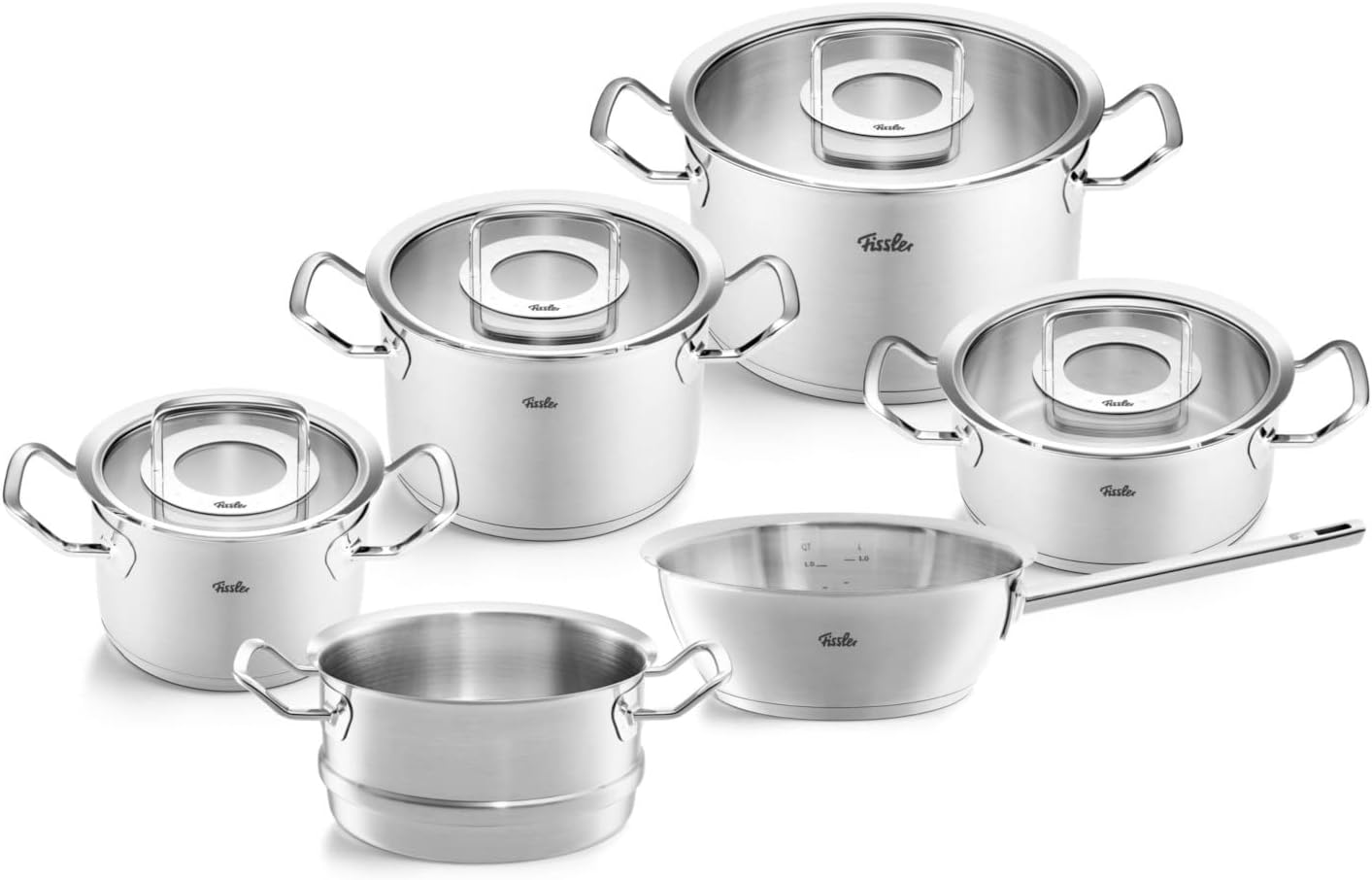 Fissler Original-Profi Collection/Edelstahl-Kochtopfset, 6-teilig, Töpfe mit Glas-Deckel (3 Kochtöpfe,1 Bratentopf 1 Sauteuse-deckellos, 1 Dämpf-Einsatz) - Induktion