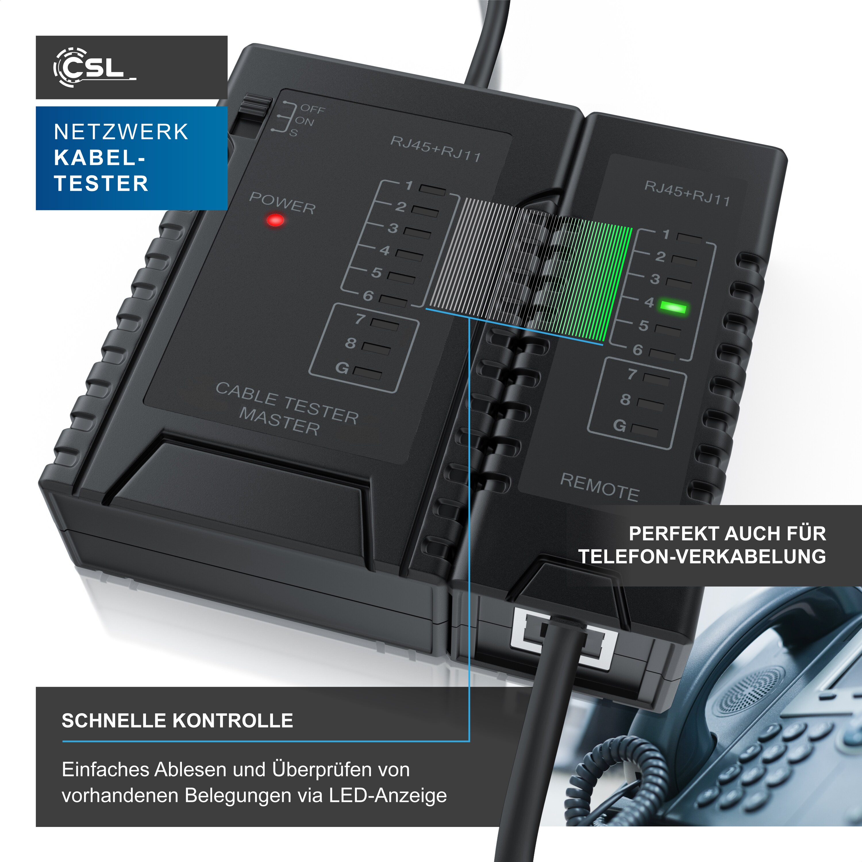 CSL Netzwerk Kabeltester für RJ45 & RJ11 Kabel Testen von Leitungen in Böden, Wänden & Decken
