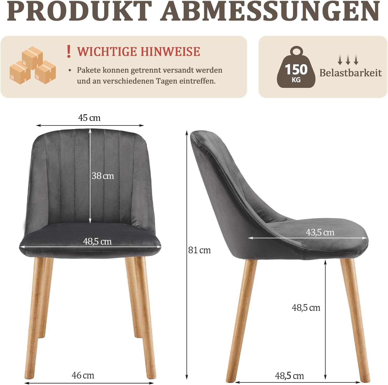 Esszimmerstühle 6er Set Samt Polsterstuhl Küchenstuhl Wohnzimmerstühle mit Rückenlehne und Massivholz-Beine, Dunkelgrau