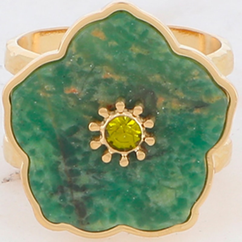 Bague fleurs - Acier inoxydable doré, cornaline & strass