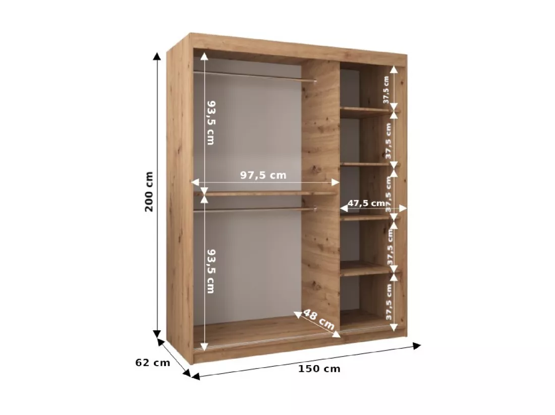 ARMOIRE MONACO À PORTES COULISSANTES 200/150/62 2 Portes (Artisan/Artisan)