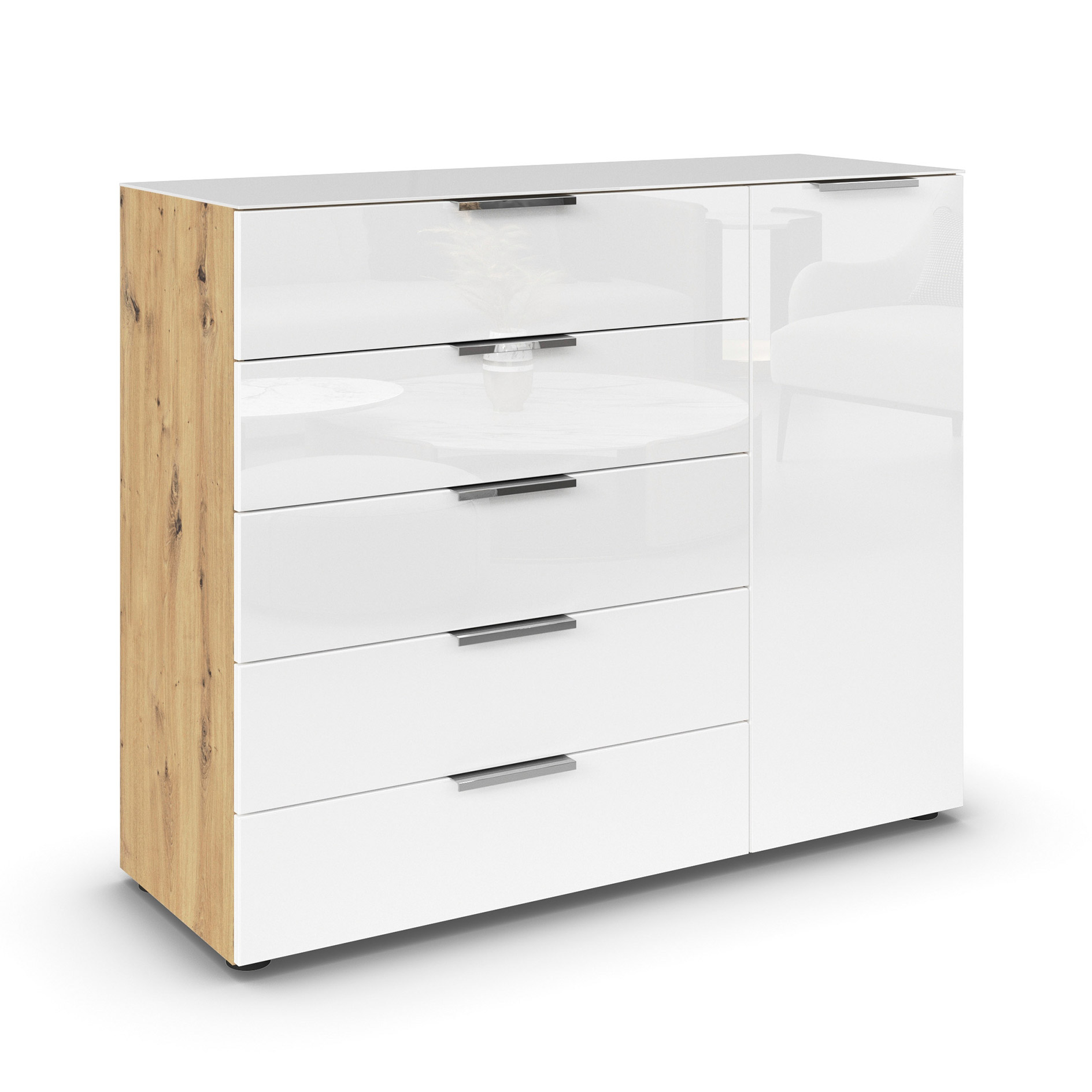 Kommode - Artisan Eiche - Kristallweißglas - Chromgriffe - 120 cm
