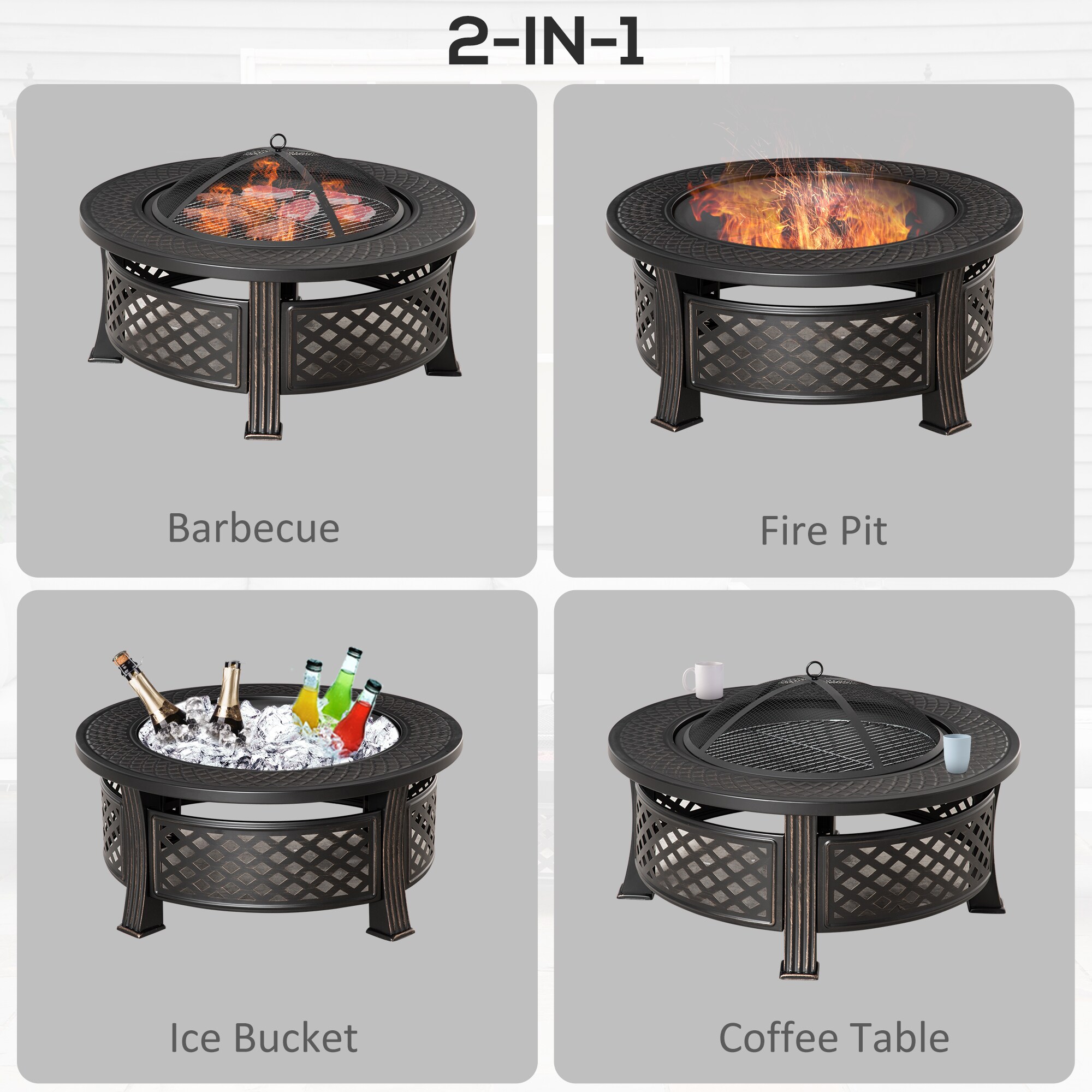 Outsunny Feuerschale mit 2 in 1 Funktion auch als Grill verwendbar schwarz 81L x 81B x 50H cm