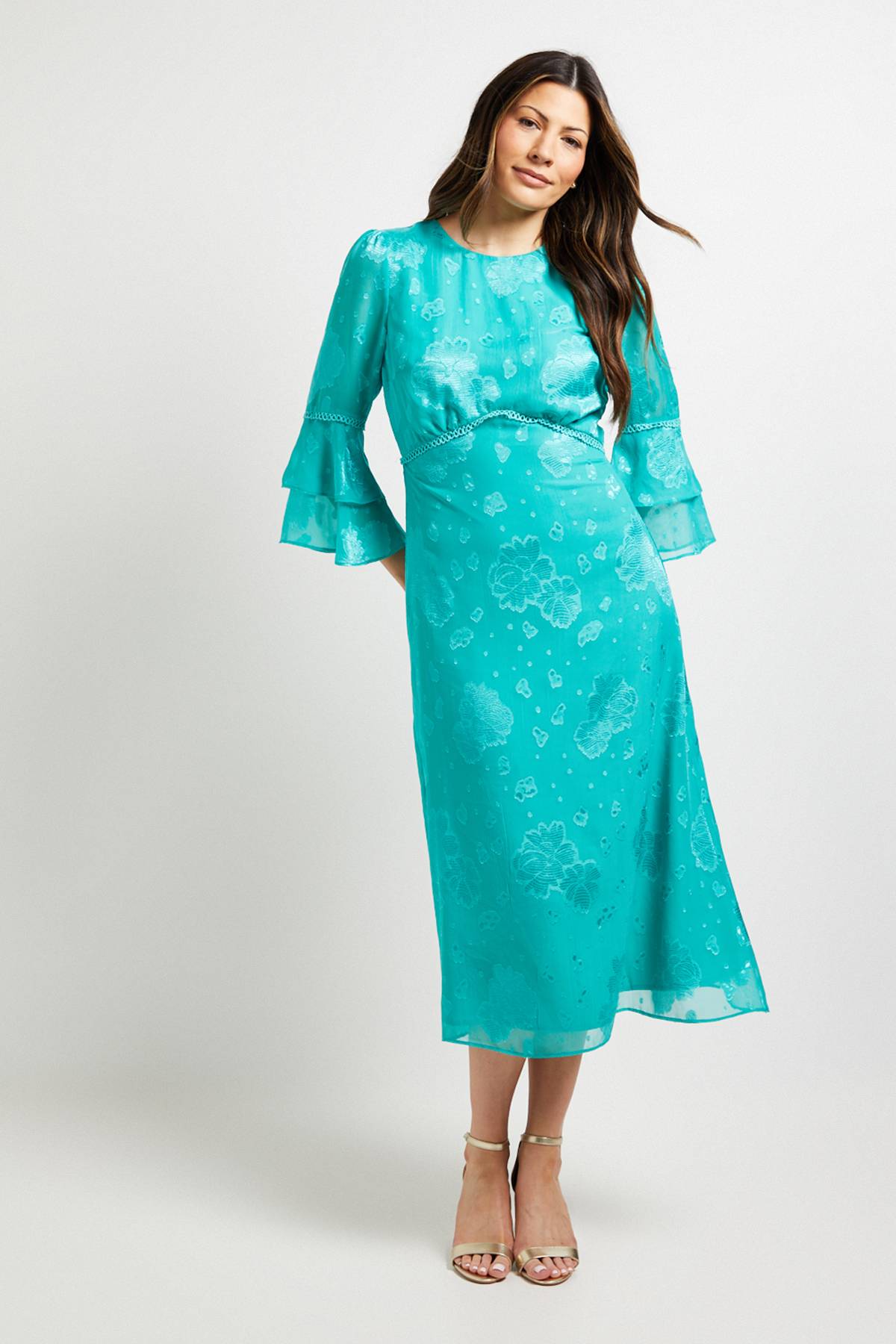 Wallis Robe Midi À Manches Volantées En Tissu Dévoré