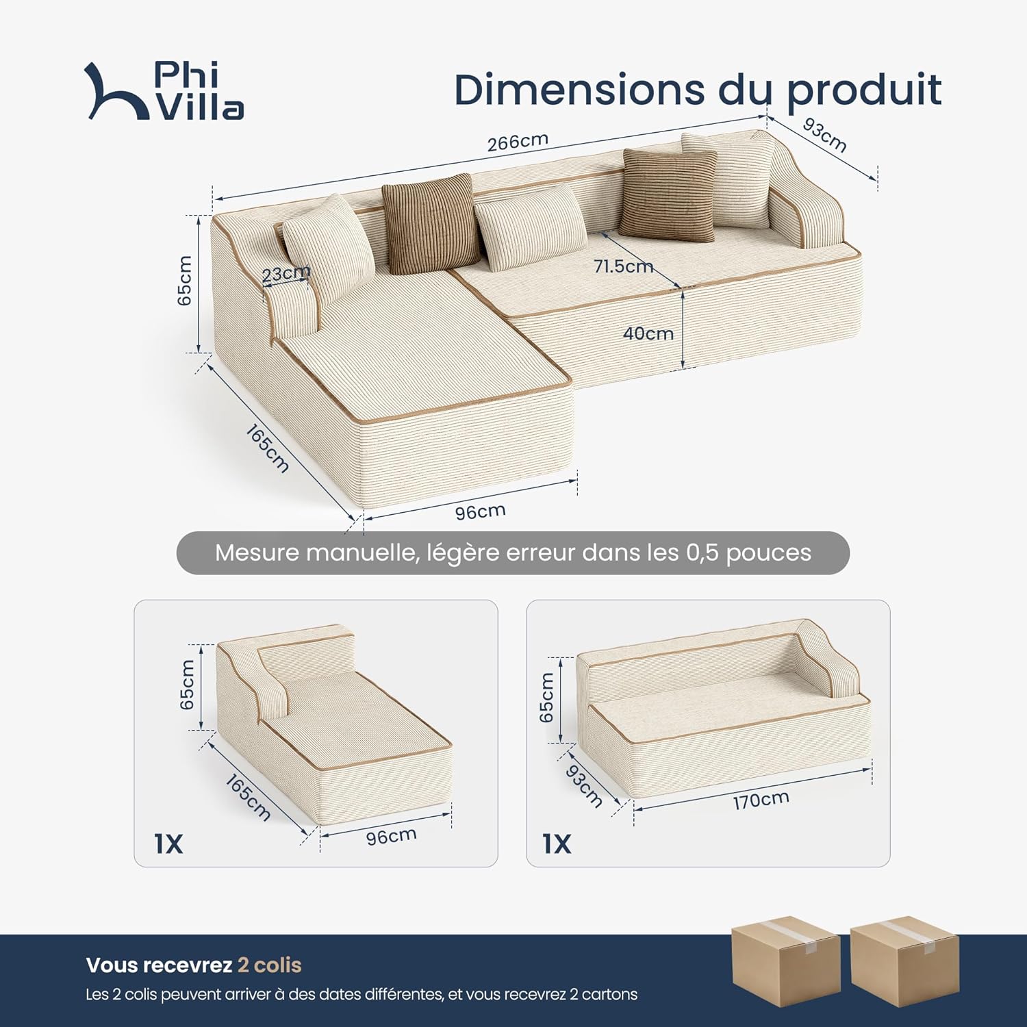 PHI VILLA Ecksofa mit Schlaffunktion Cloud Boneless Couch, 3 Sitzer L Form Modulares Sofa Wohnzimmer Cord Keine Montage Beige