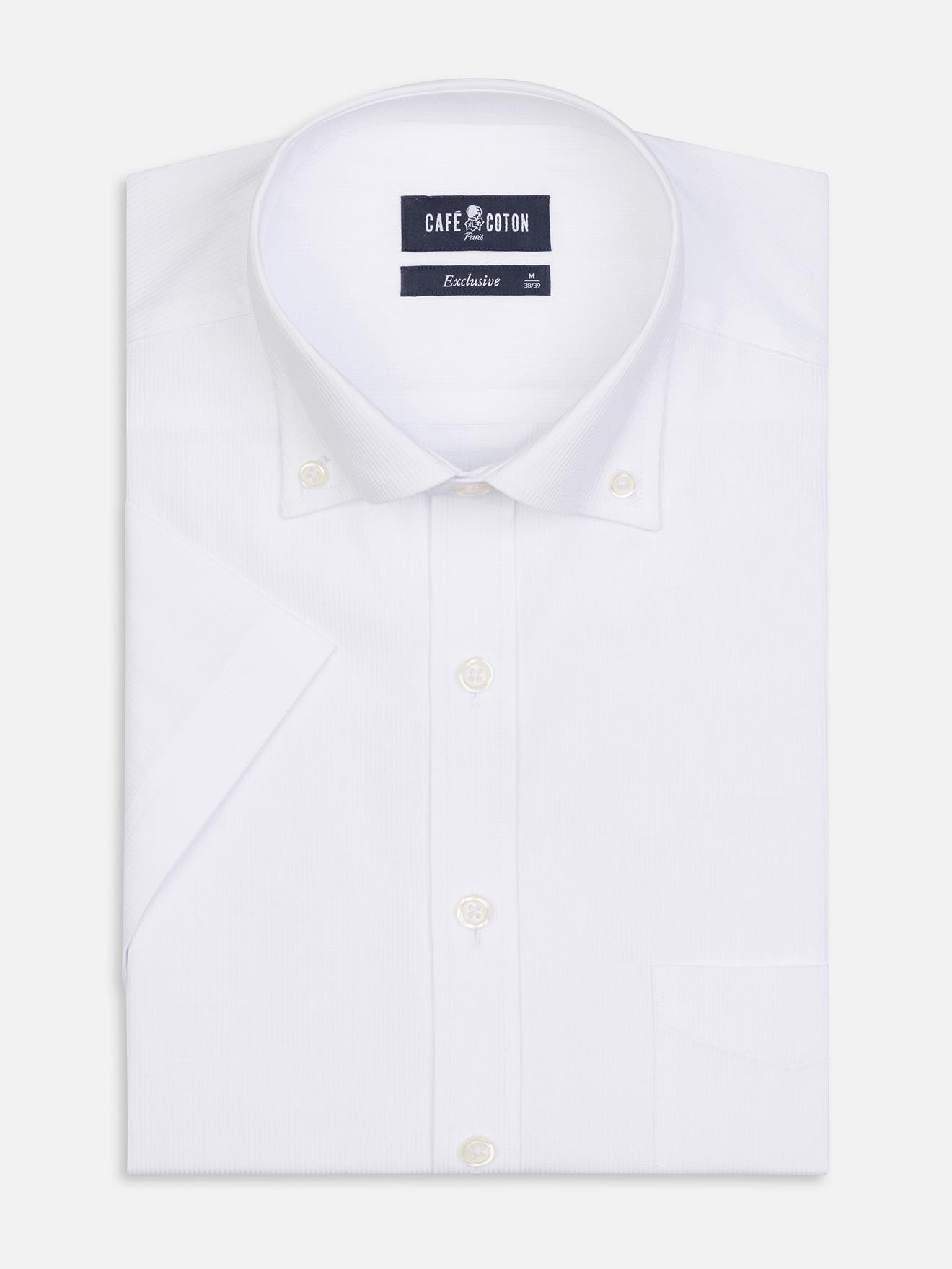 Chemise manches courtes Aaron en piqué blanc - Col boutonné