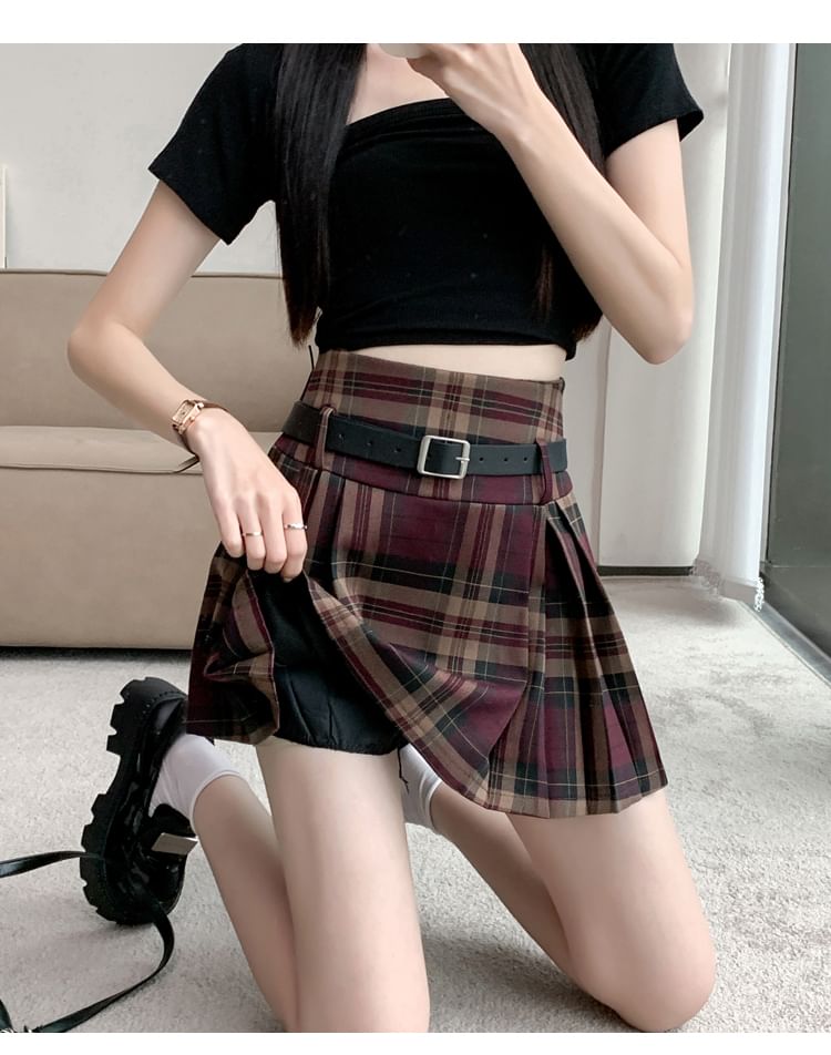 Dute - Hoge taille geruite mini geplooide rok