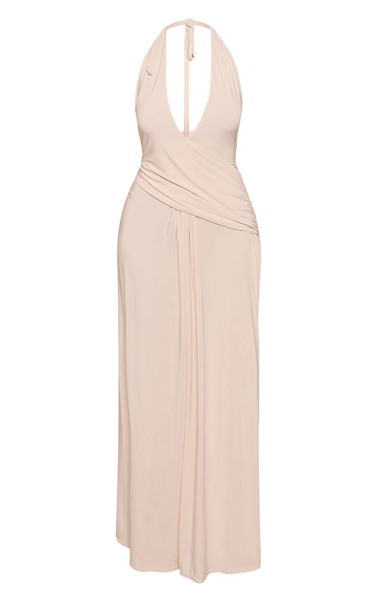 Crème Robe Longue Drapée En Tissu Slinky À Double Épaisseur