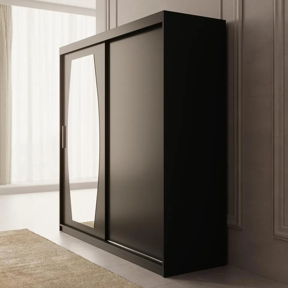 Meubella - Kledingkast Azai - Zwart - 200 cm - Met spiegel
