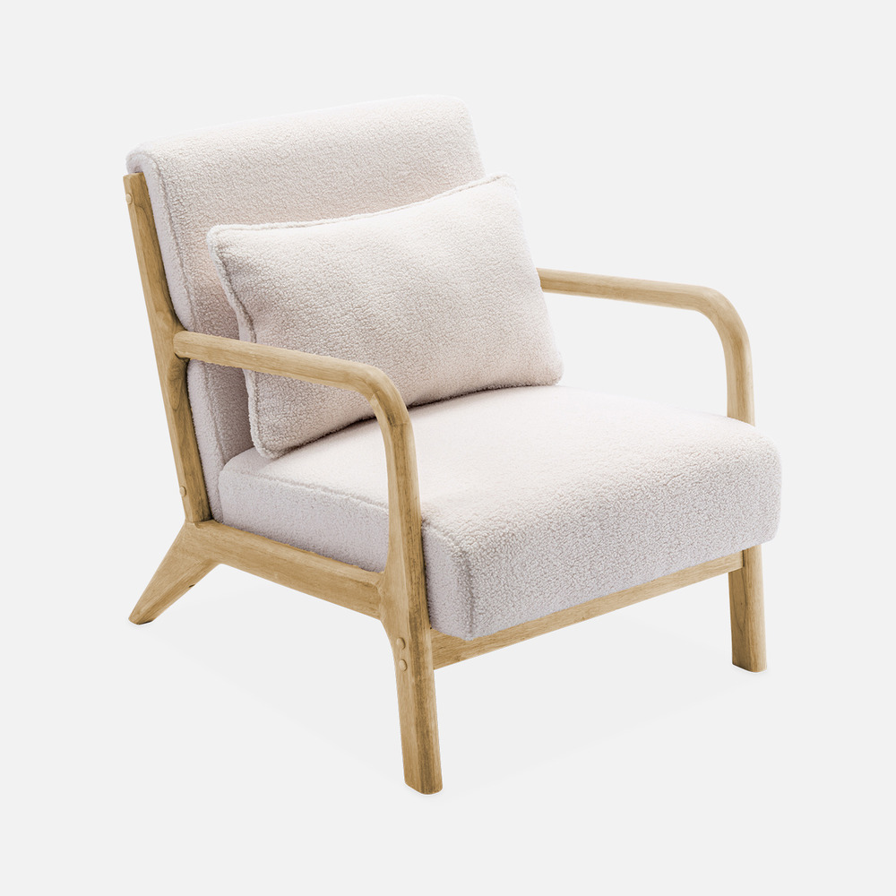 Fauteuil à bouclettes blanches. Bois et tissu. 1 place droit fixe. Pieds compas scandinave. Structure en bois solide. Assise