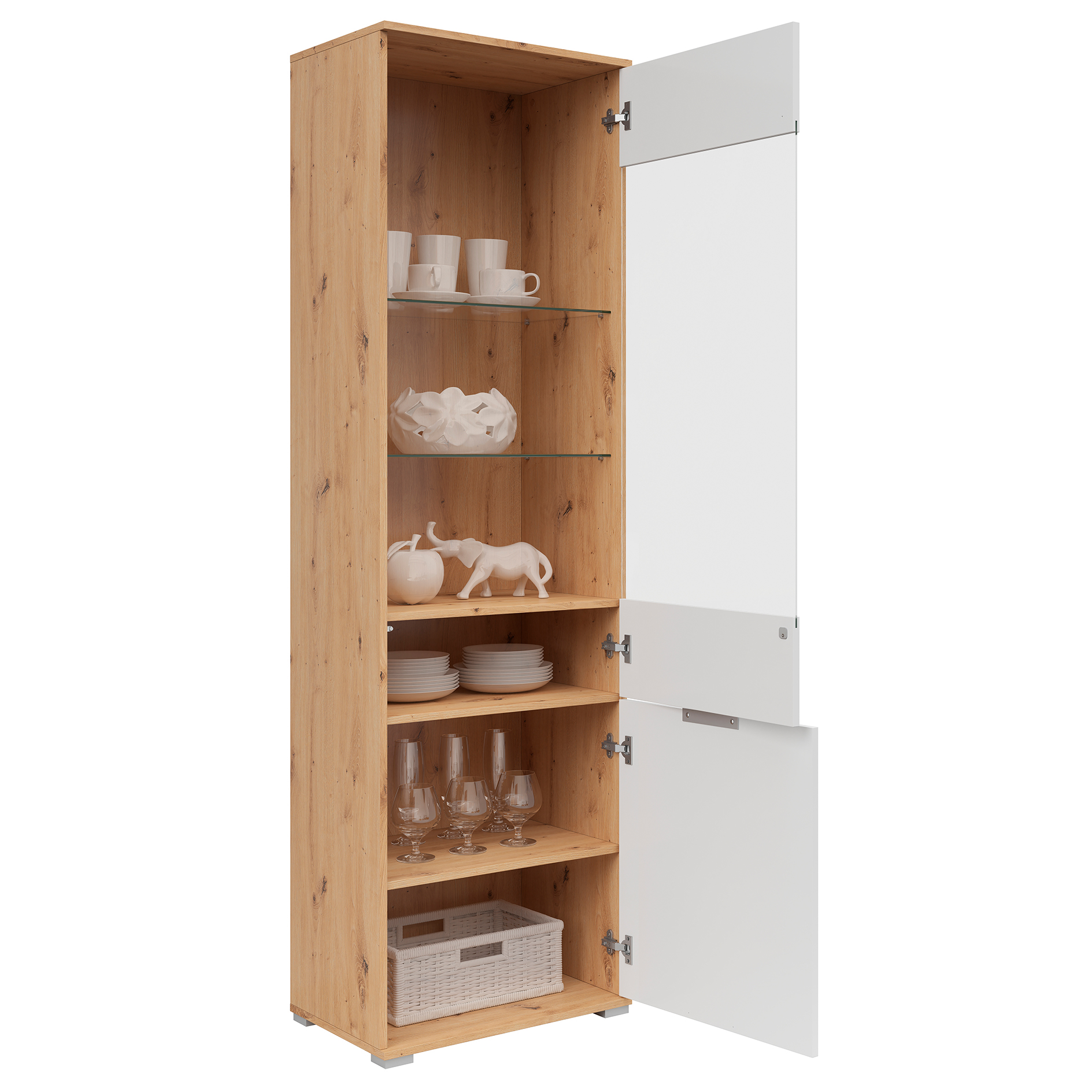 Standvitrine - weiß Glanz - Artisan Eiche - 195 cm hoch