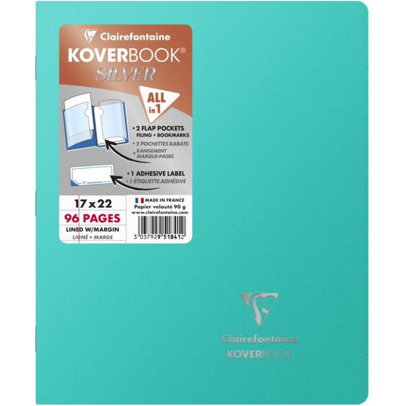 Cahier piqué Koverbook Silver 17x22 cm 96 pages ligné + marge couverture polypropylène opaque - Assortis