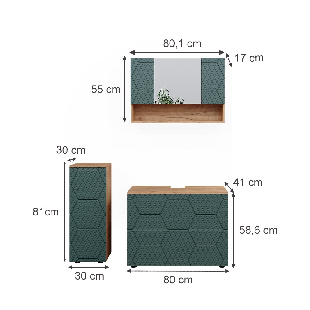 Vicco Badmöbel-Set Irma Eiche Grün 3-teilig Midischrank 81 cm Waschbeckenschrank 80 cm