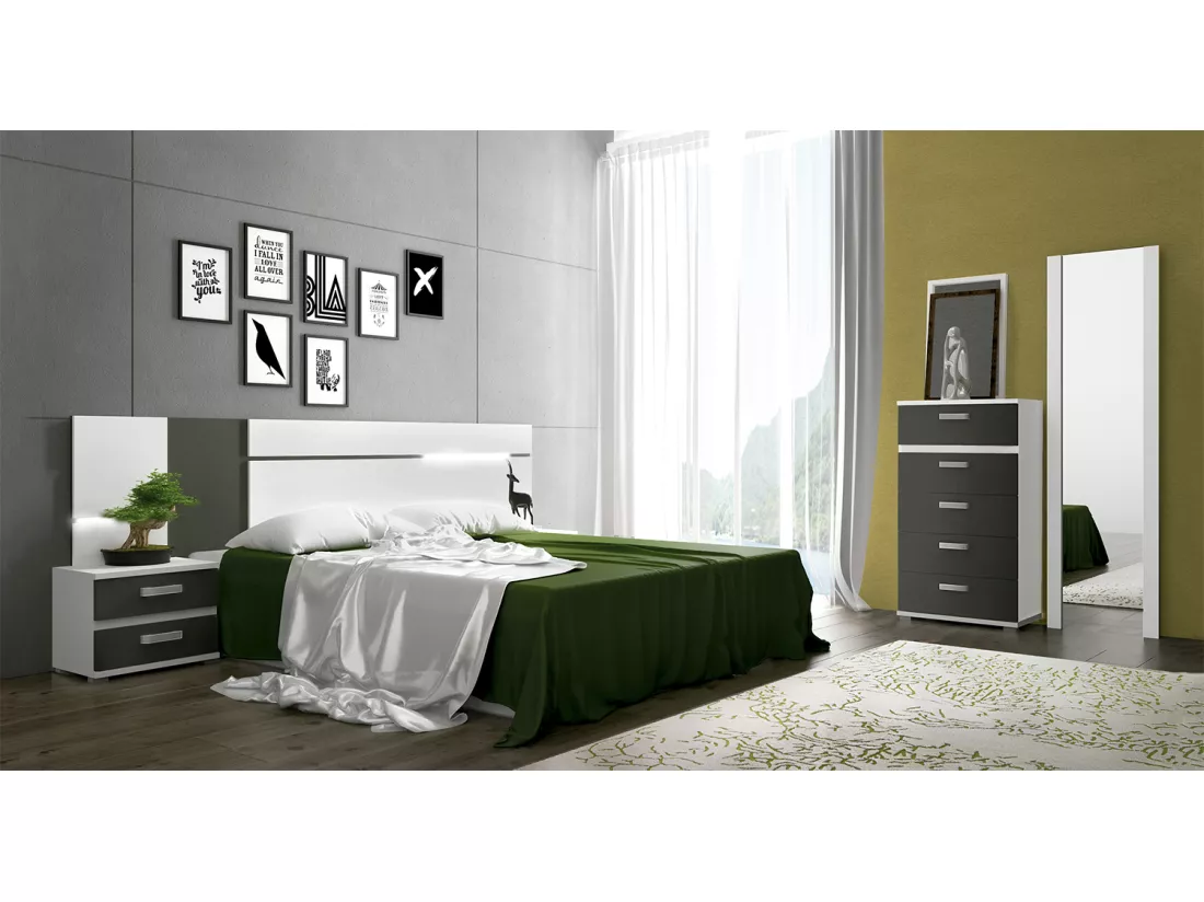 Ensemble chambre à coucher, tête de lit avec LED + 2 tables chevets + chiffonier + miroir mural long coloris blanc/graphite