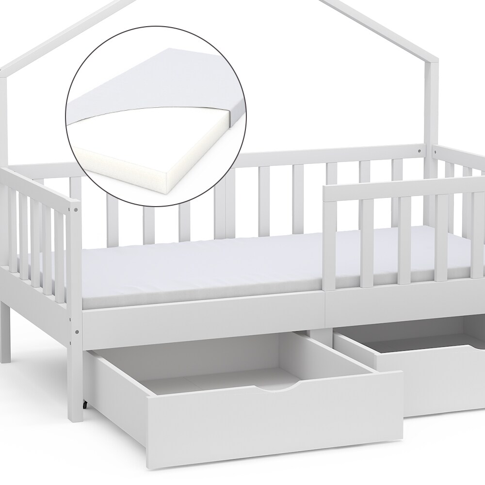 Vicco Hausbett Kinderbett Justus Weiß 70 x 140 cm mit Schublade & Matratze